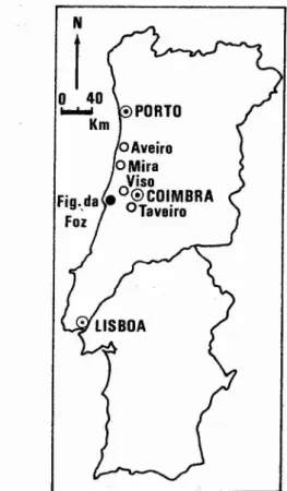 Fig. 1 - Gisements de Vertébrés du Crétacé supérieur (Campanien supérieur-Maastrichtien) du Portugal dont il est question dans le texte: Aveiro, Viso et Taveiro