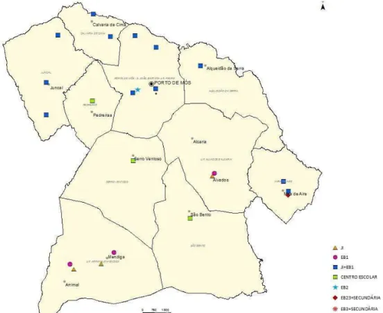 Figura 1 – Localização dos estabelecimentos de ensino da rede pública, no concelho de  Porto de Mós