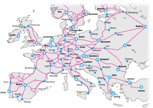 Fig. 1.1 – Projecção da rede de alta velocidade na Europa em 2025. (adaptado de (RAVE, 2010)) 