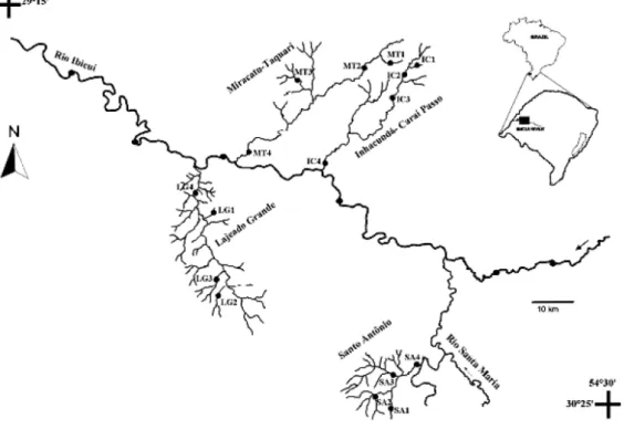 Figura 1. Mapa de localização da área de estudo com as quatro microbacias estudadas,  e locais de amostragem, no curso médio do Rio Ibicuí, RS, Brasil.