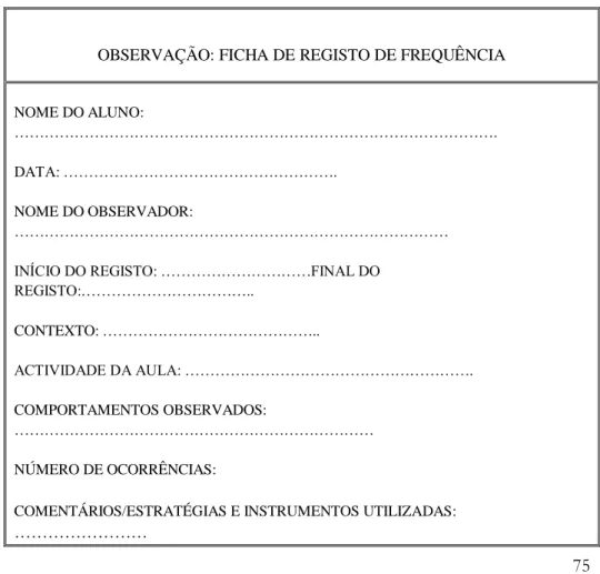 Tabela 11 – Ficha de registo de frequência  (Fonte: Problemas de  comportamento na sala de aula, João Lopes e Robert Rutherford, Porto Editora, adaptado)   