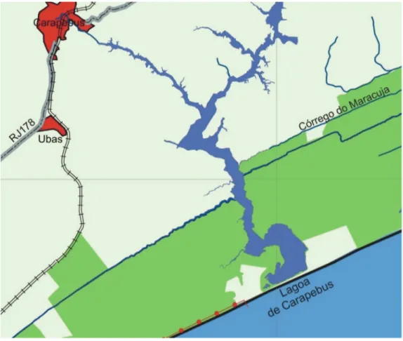 Figura 1: Localização da Lagoa de Carapebus em relação ao PARNA Jurubatiba  (sublinhado em verde).
