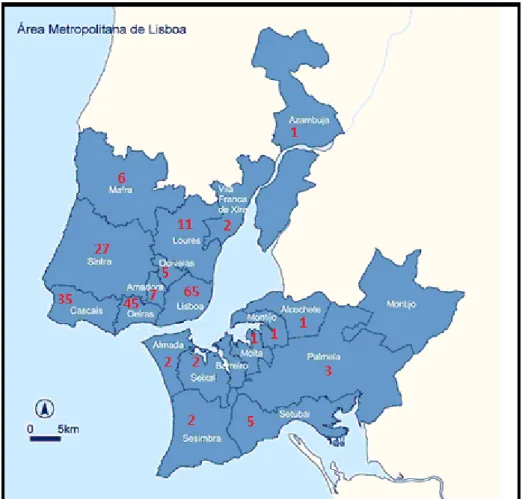 Ilustração 1 Distribuição dos clientes da clínica pela sua área de residência, na área Metropolitana de  Lisboa