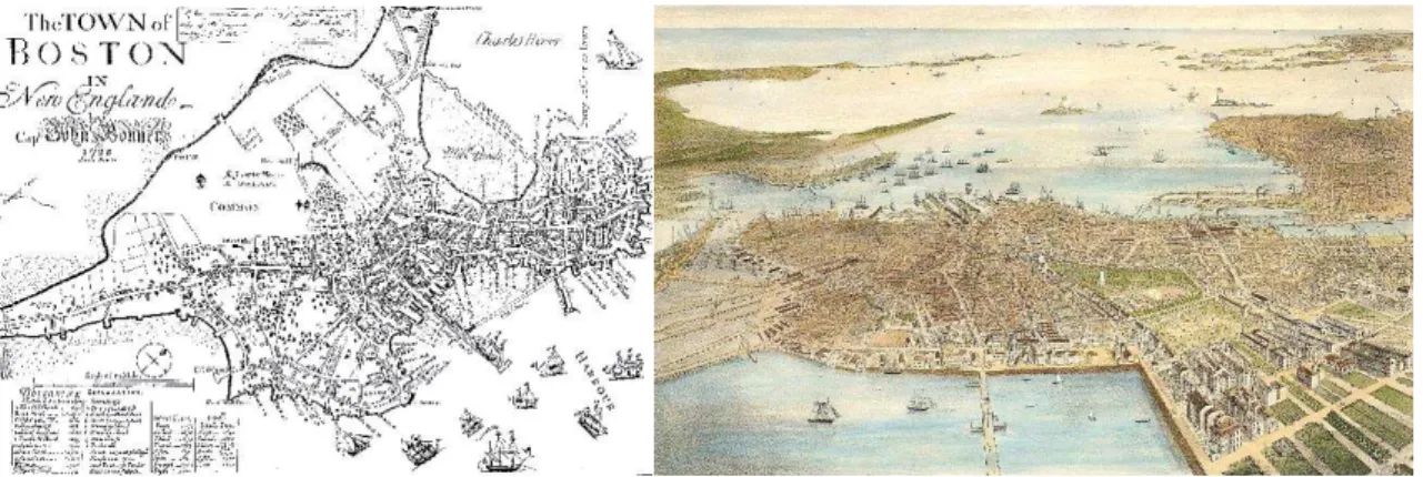Figura 4 - À esquerda: Planta da cidade de Boston em 1722, com o desenvolvimento do porto 7 ; à direita: 