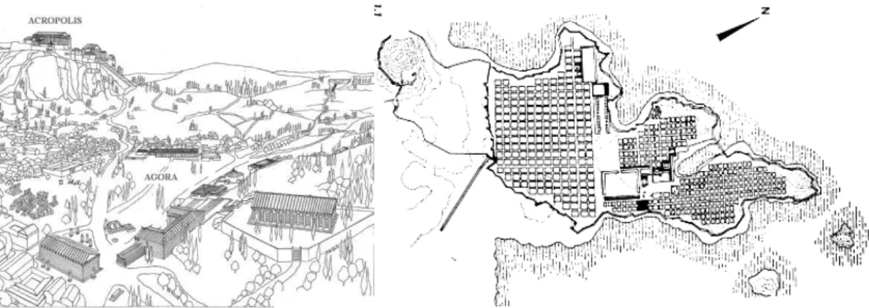 Figura 8 - À esquerda: Cidade de Atenas, no século V a.C. 13 ; à direita: Planta da cidade de Mileto 14