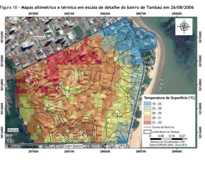 Figura 10 - Mapas altimétrico e térmico em escala de detalhe do bairro de Tambaú em 26/08/2006 