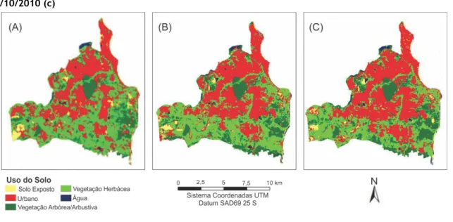 Figura 4 - Uso e ocupação do solo na cidade de João Pessoa em 5/11/1991 (a), 26/08/2006 (b) e  8/10/2010 (c) 