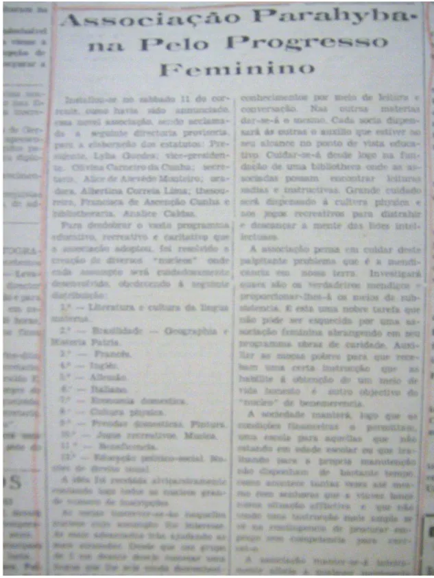 Foto  03:  Artigo  com  a  distribuição  da  fundação  dos  núcleos  educativos.  Fonte:  Jornal  A  UNIÃO,  1933