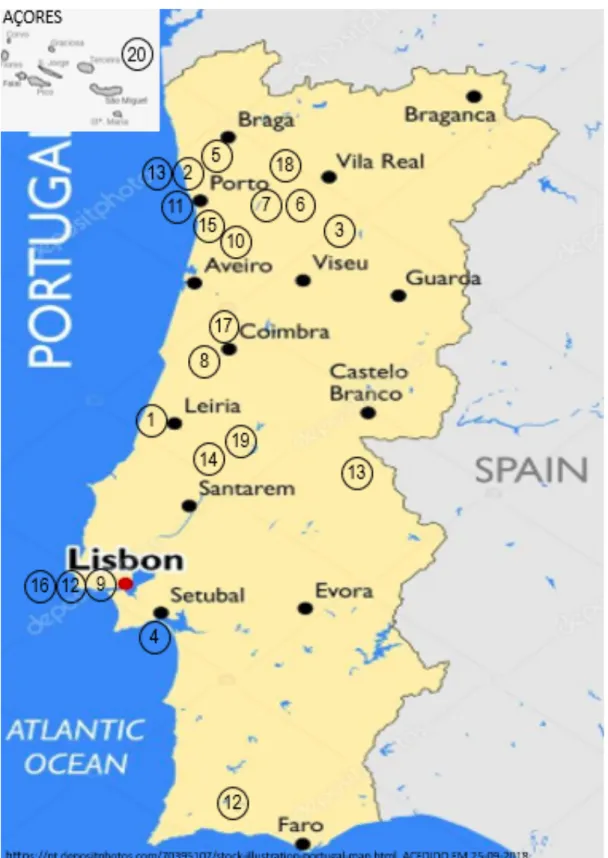 Figura 1 – Mapa de Portugal com a localização das Casas-Museu 