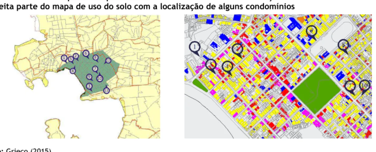 Figura 2 - Icaraí – à esquerda mapa com os setores censitários e a localização de todos os condomínios e  à direita parte do mapa de uso do solo com a localização de alguns condomínios