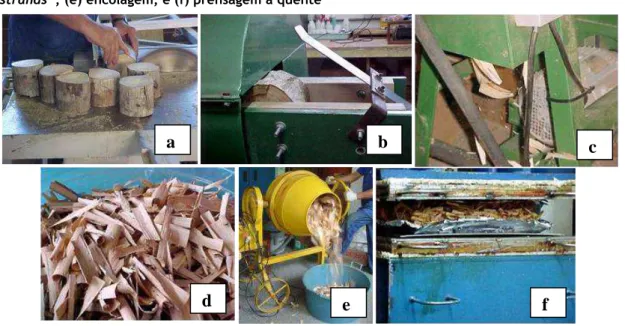 Figura 1 - Manufatura dos painéis OSB: (a) corte das toras; (b) e (c) geração das partículas; (d)  “strands”; (e) encolagem; e (f) prensagem a quente 