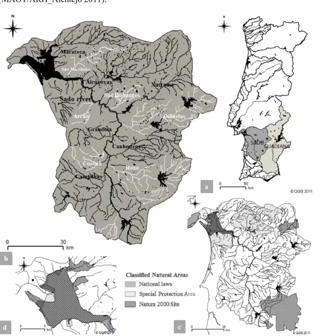 Figure II.2.1 – Sado River Basin: a) location in Portugal; b) main sub-basins (large reservoirs in  black); c) nationally and internationally classified natural areas; d) Sado Estuary Nature  Reserve, Natura 2000 Site PTCON0011 Estuário do Sado, Special Bi