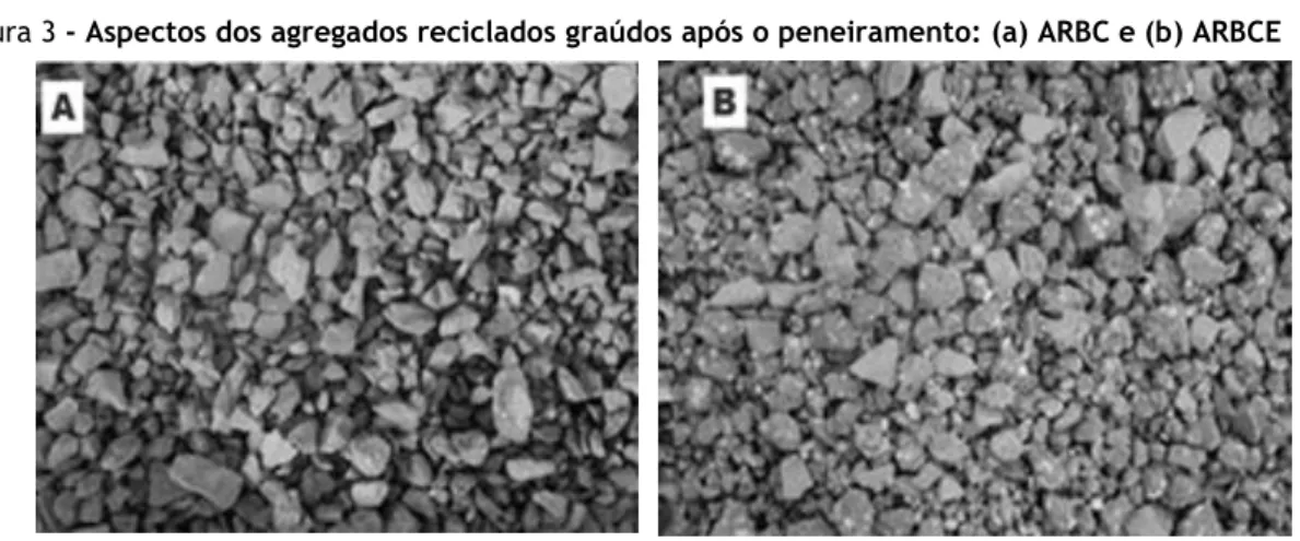 Figura 3 - Aspectos dos agregados reciclados graúdos após o peneiramento: (a) ARBC e (b) ARBCE 