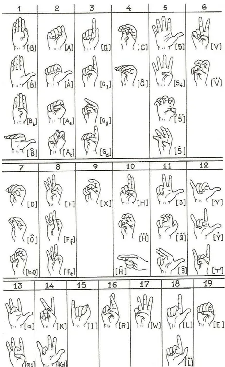 Figura 1  –  Configurações de mão da LIBRAS (FERREIRA, 2010, p. 220). 