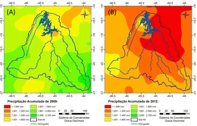 Figura 4.2: Precipitação Anual de (A) 2009 e (B) 2012.  