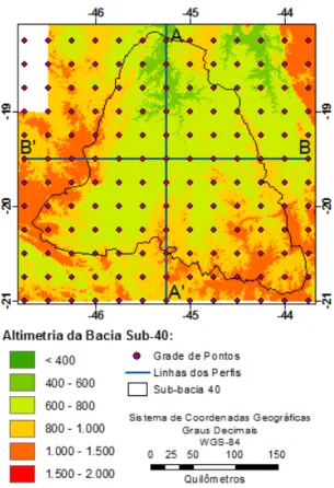 Figura 4.24: Mapa de altimetria com cortes dos perfis AA' e BB'. 