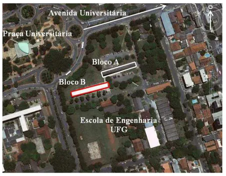 Figura 1 – Localização dos edifícios das Escolas de Engenharia da Universidade Federal de Goiás, no  Setor Leste Universitário, em Goiânia, GO 