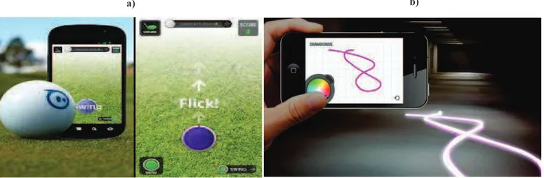 Figura 9: Interface visual dos aplicativos para o Sphero.  Em: a) Interface visual do Sphero Golf, em  b)  interface visual do Sphero DrowN’ and Drive