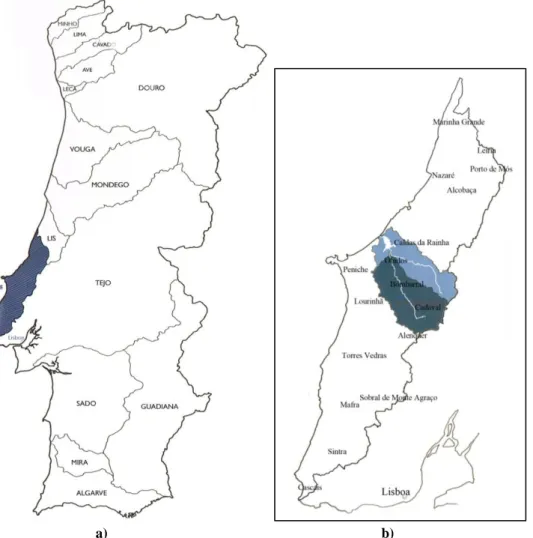 Figura 2.1 – a) Região “Ribeiras do Oeste” em Portugal; b) Bacia da Lagoa de Óbidos nas Ribeiras do  Oeste (Natali et al., 2009) 