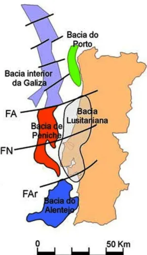 Figura 3.25 – Enquadramento geográfico e tectónico da BHLO na Bacia Lusitaniana e em outras bacias  da Margem Ocidental Ibérica (Kulberg et al., 2006) 