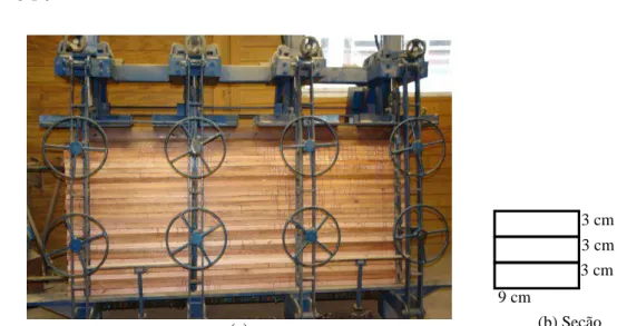 Figura 1 - Fabricação (a) e seção transversal e (b) das peças de MLC na prensa do  tipo “A” 3 cm 3 cm 3 cm 9 cm 