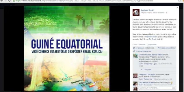 Figura 6: Publicação no perfil do Repórter Brasil com chamada para matéria explicativa sobre a Guiné  Equatorial