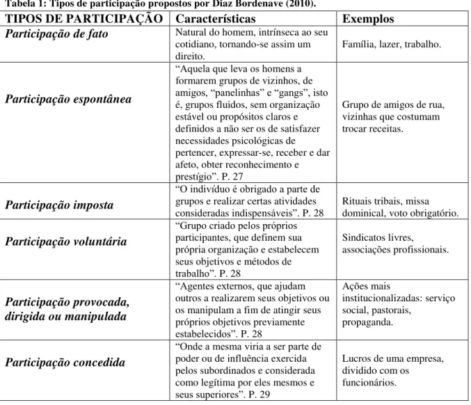 Tabela 1: Tipos de participação propostos por Diaz Bordenave (2010). 