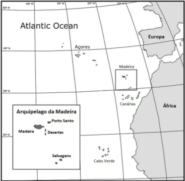 Figura 2. 1 – Arquipélago da Região Autónoma da Madeira, com enquadramento com Portugal e Macaronésia; 