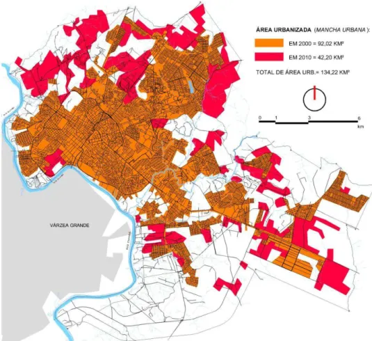 Figura 4 - Quantificação da dispersão urbana na última década em Cuiabá, com aumento de cerca de  46% na dispersão urbana, em mapeamento a partir de imagens aerofotográficas e de satélite, entre  2000 e 2010 