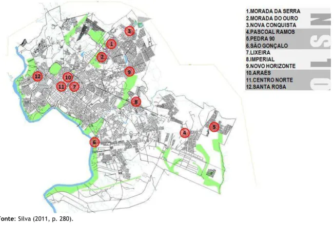 Figura 5 - As 12 áreas selecionadas e seus respectivos bairros, na cidade de Cuiabá 