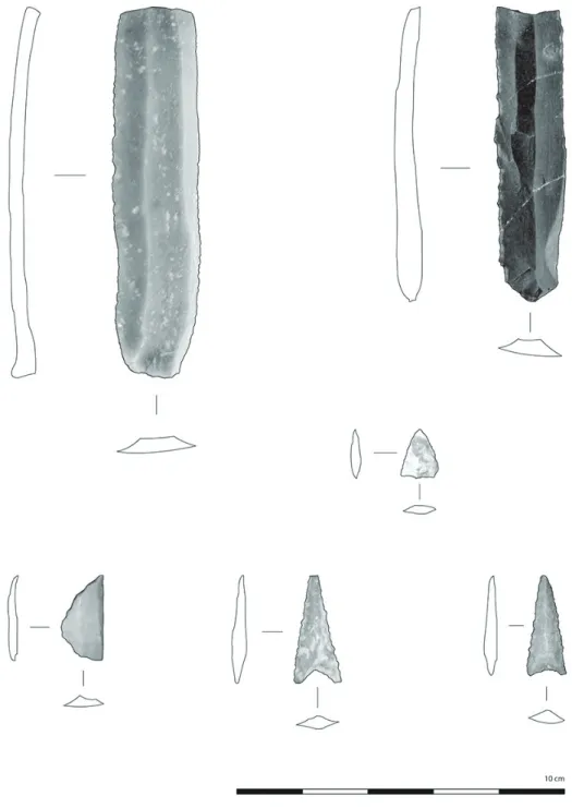 Figura 4 – Lâminas de Folha da Amendoeira; ponta de seta de Monte do Outeiro; trapézio de Malha Ferro; pon‑