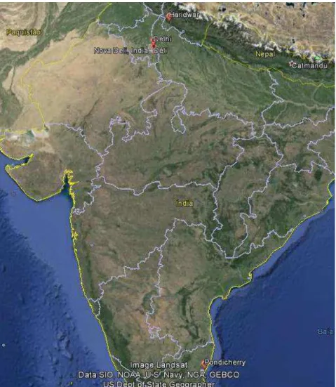 Figura 9 - Mapa com marcação dos locais visitados no sul e norte da Índia. 