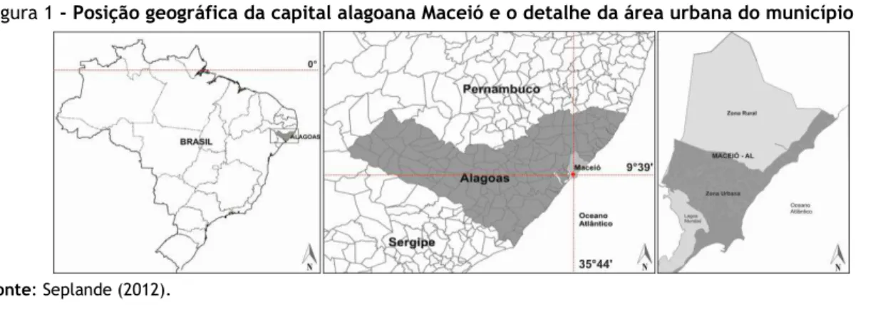 Figura 1 - Posição geográfica da capital alagoana Maceió e o detalhe da área urbana do município 