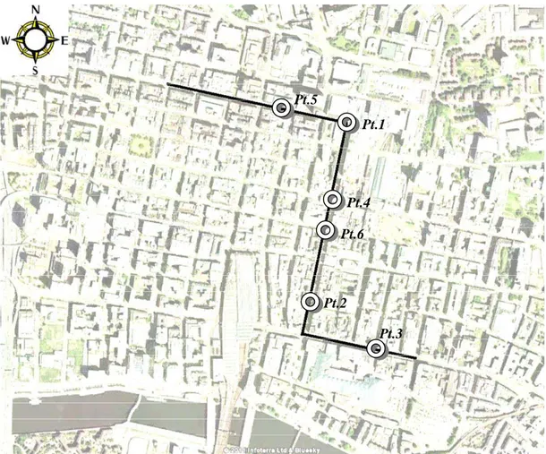 Figura 1 - Trecho da zona de pedestres analisado no centro de Glasgow,  com localização dos pontos de  monitoramento 2