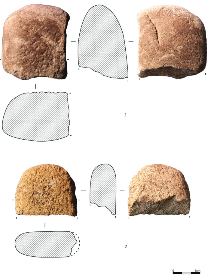 Figura 4 – Moita do Ourives. Pedra afeiçoada: 1 - Movente em quartzito; 2 – Movente em granito.