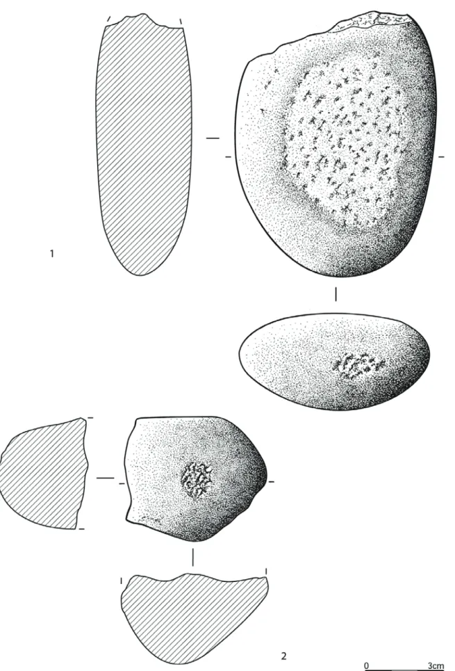 Figura 6 – Moita do Ourives. Pedra afeiçoada em quartzito: 1 – Percutor/Movente; 2 – Percutor (com fractura térmica).