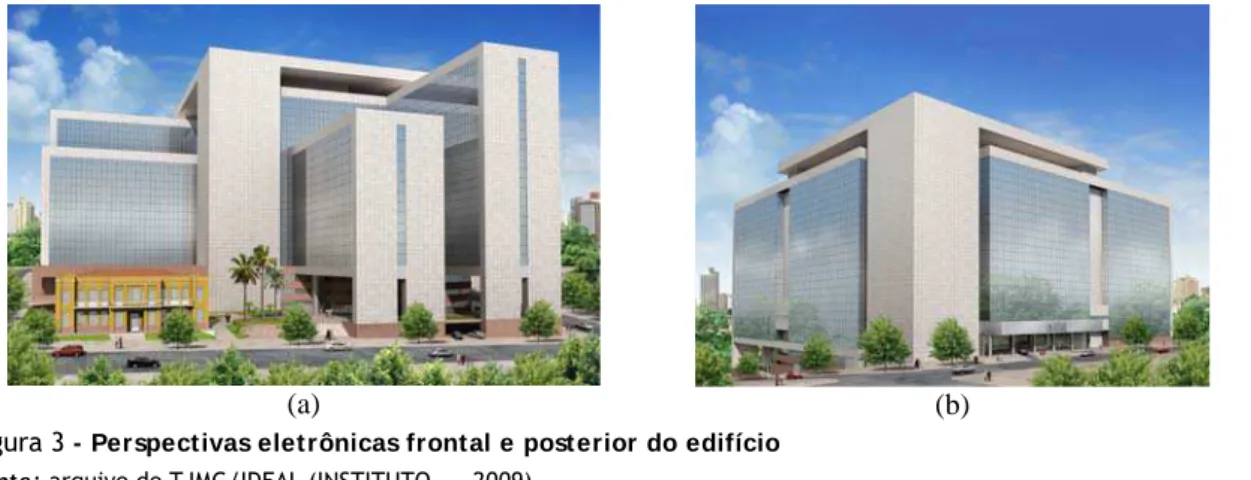 Figura 3  - Perspectivas eletrônicas frontal e posterior do edifício  Fonte : arquivo do TJMG/IDEAL (INSTITUTO..., 2009)
