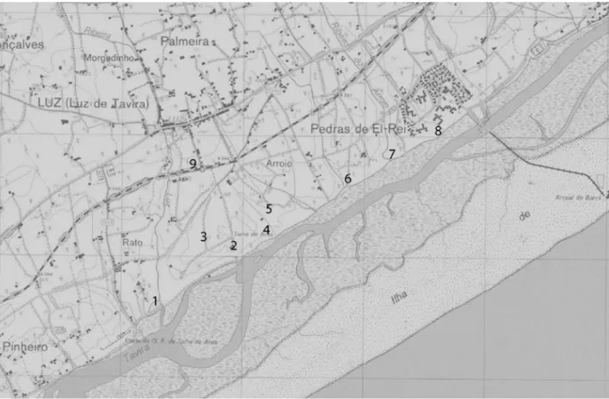 Fig. 1 - Localização aproximada dos sítios mencionados no texto. 1 - Possível estrutura portuária de Balsa, segundo Mantas (2004,  Fig