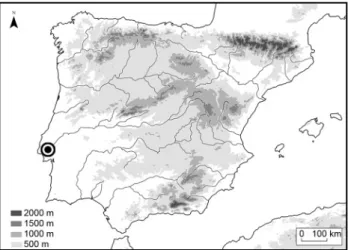Figure 1. Location of Pedreira do Aires and Monte das Pedras in the  geographical context of the Iberian Peninsula.