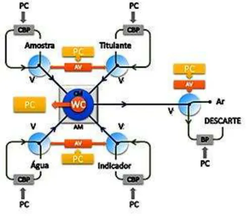 Figura  2.2. Diagrama  esquemático  do  sistema  automático  de  análise  em  fluxo- fluxo-batelada proposto