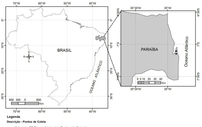 Figura  1:  Localização  das  duas  áreas  de  estudo  na  Paraíba:  Floresta  Nacional  (Flona)  da  Restinga  de  Cabedelo,  Cabedelo  e  Área  de  Preservação  Permanente  Mata  do  buraquinho,  João Pessoa