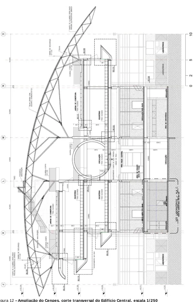 Figura 12  – Ampliação do Cenpes,  corte transversal do Edifício Central,  escala 1/ 250 