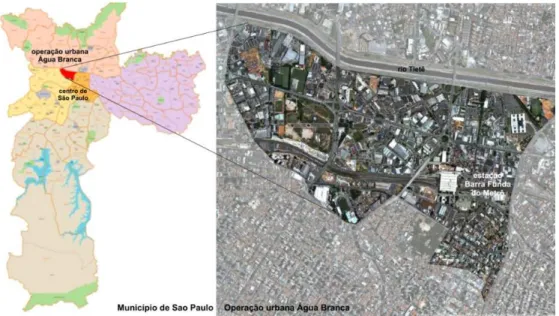 Figura 5 – Localização da operação urbana Água Branca no município de São Paulo (PREFEITURA...,  2002) e vista aérea da área (baseado em Google, ©2011)