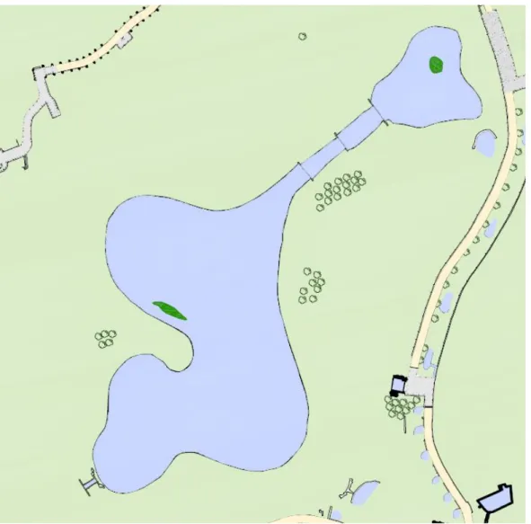Figura 2 - Mapa do Parque da Cidade do Porto – vista do lago 1. Fonte: Câmara Municipal do Porto, Divisão Municipal  de Parques Urbanos