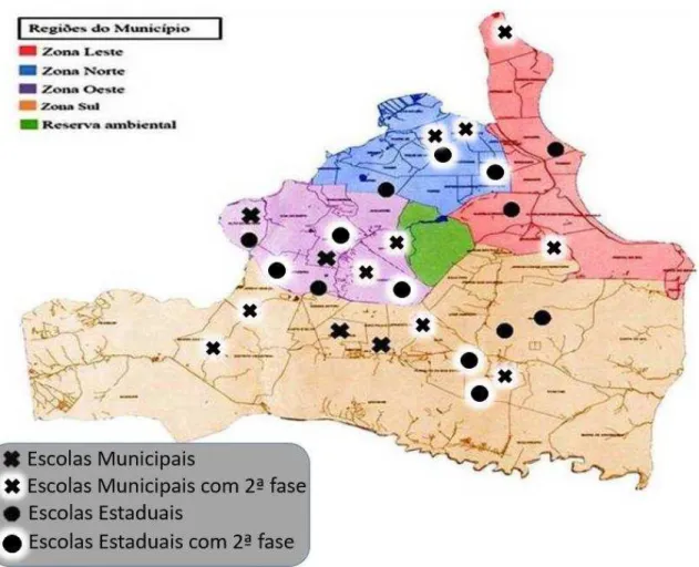 Figura  3  –   Localização  geográfica  das  escolas  que  participaram  do  estudo  LONCAAFS, distribuídos por tipo de escola 
