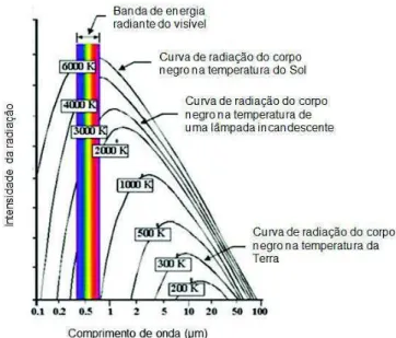 Figura 4. Variação da intensidade da radiação de um corpo negro com comprimento de onda  para diversas temperaturas