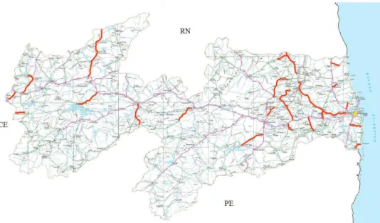 Figura 1 – Mapa esquemático com localização dos trechos rodoviários utilizados na priorização