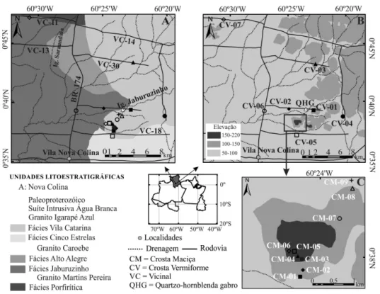 Figura 1.  Mapas geológico e de localização modificado de Almeida (2006) (A), mapa geomorfológico (B) e de detalhe (C) da região de Nova Colina.