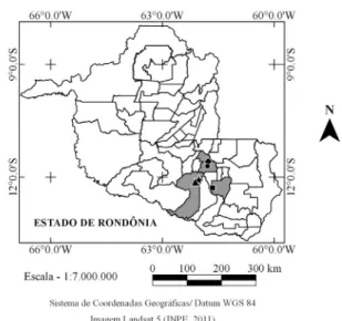 Figura 1.  Seleção do espaço amostral: Mapa do Estado de Rondônia, com  destaque à área de estudo; (♦) Unidade Amostral 1 (UA1, coordenadas: S  11°35’01.4”; W 061°46’10.4” e altitude de 246 m) em Castanheira; (●)  Unidade Amostral 2 (UA2, coordenadas: S 11