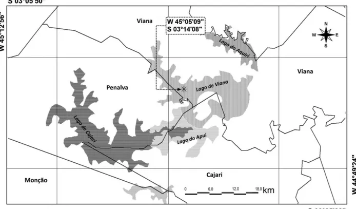 Figura 1.  Mapa de localização do Lago de Viana, Viana, Maranhão, Brasil. Simbologia: O asterisco (*) indica o Lago de Viana e o traço (-) indica os limites municipais.